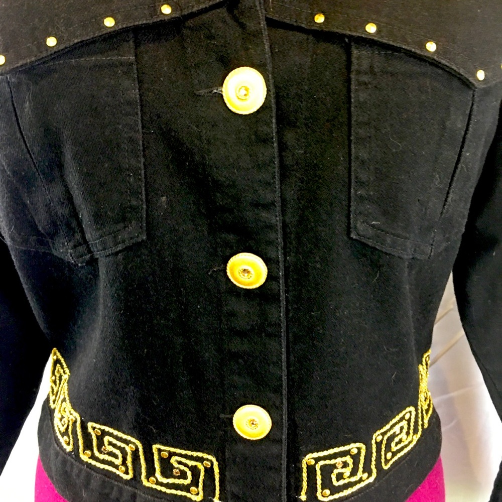 David David Vintage Denim Jeans Gold Trim Black 1980’s Style Short Jacket Coat - Picture 10 of 12